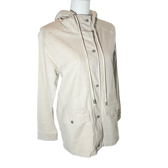 Market & Spruce Linen Blend Utility Jacket Hooded Cinch Waist Cream Oatmeal Sz M - Picture 13 of 15